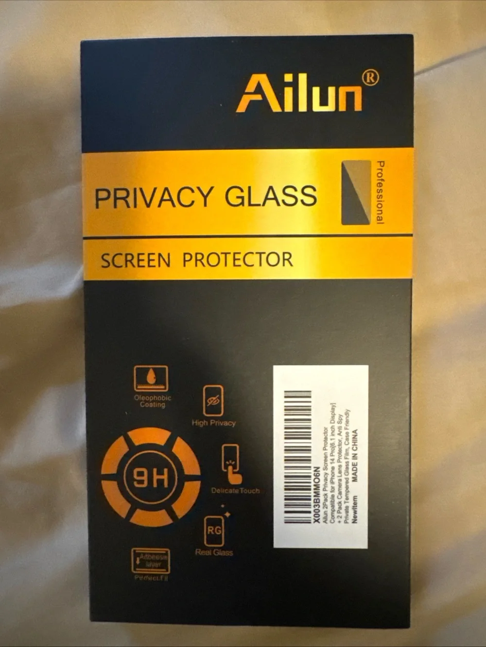 Ailun Black and Gold Privacy Glass Screen Protector Packaging for iPhone 14 Pro